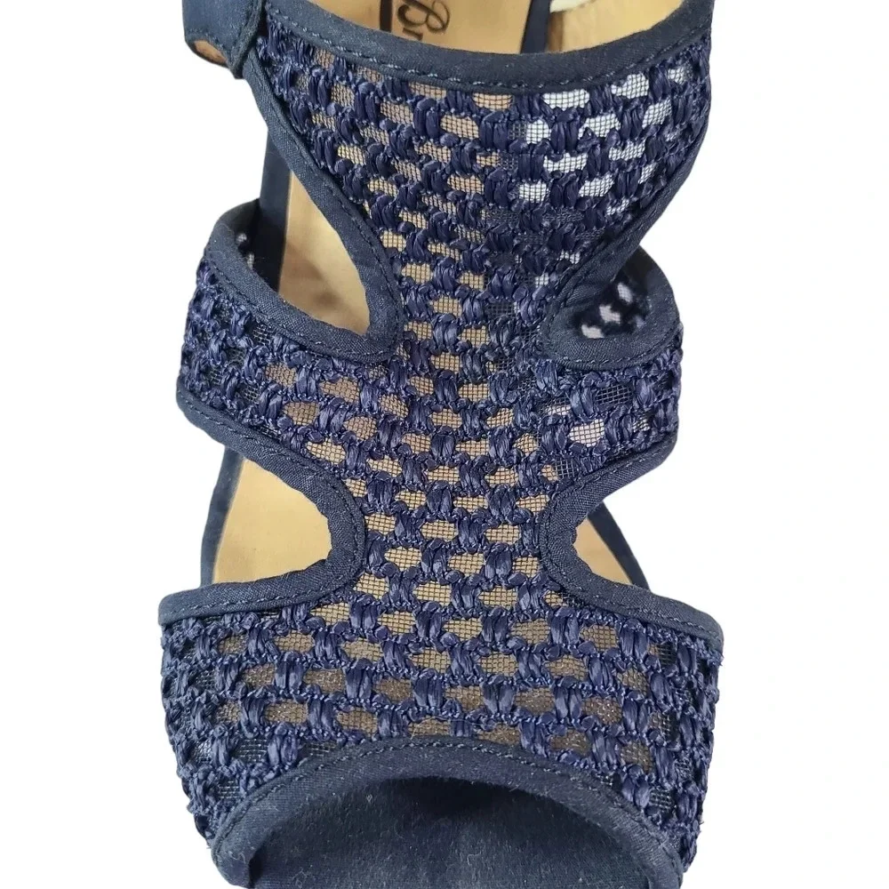 Lucky Brand Navy‎ Lace wood heel high wedge sandal shoe Women's size 7.5